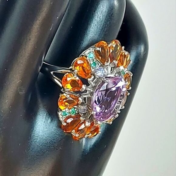 Natural Amethyst 6x4mm,‎ Citrine, Emerald 925 Sterling Silver Jewelry Ring 7.75 - Picture 11 of 12